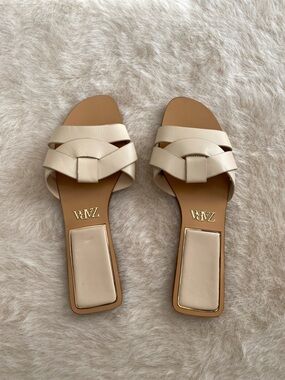 ZARA Beige Braided Leather Slide Sandals